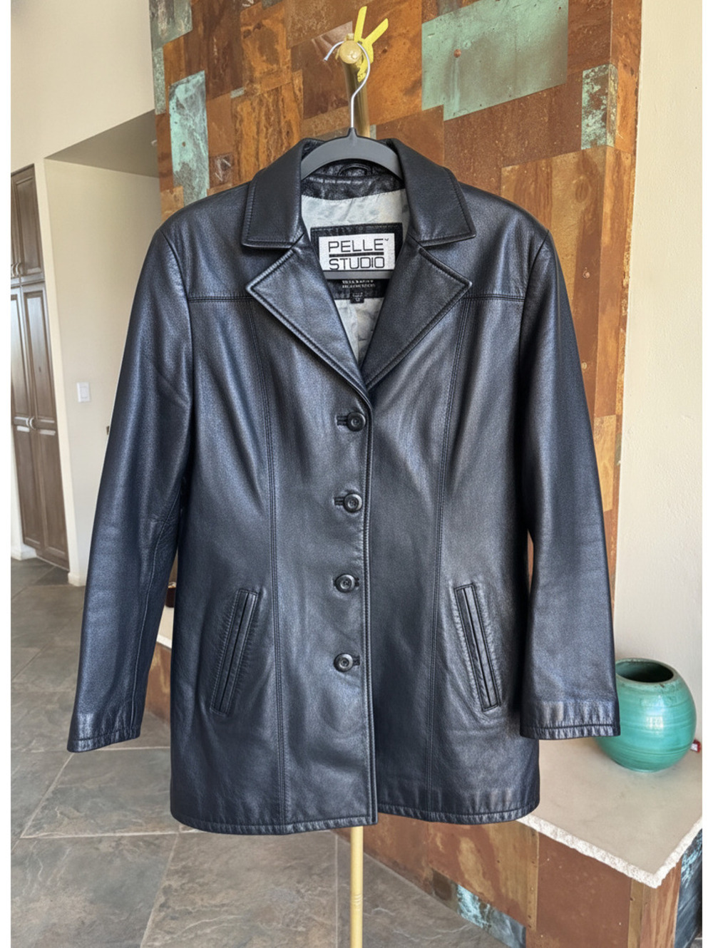 Vintage 90s Pelle Studio Wilsons Black Genuine Leather Car Coat M
